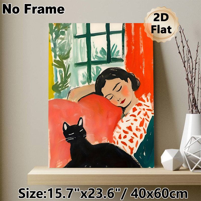 Woman & Black Cat Themed Painting Poster, Warm-toned Soft Brushstroke Cozy Indoor Scene Poster, Offers Tranquil Relaxing Atmosphere, Suitable For_maomaolike.com