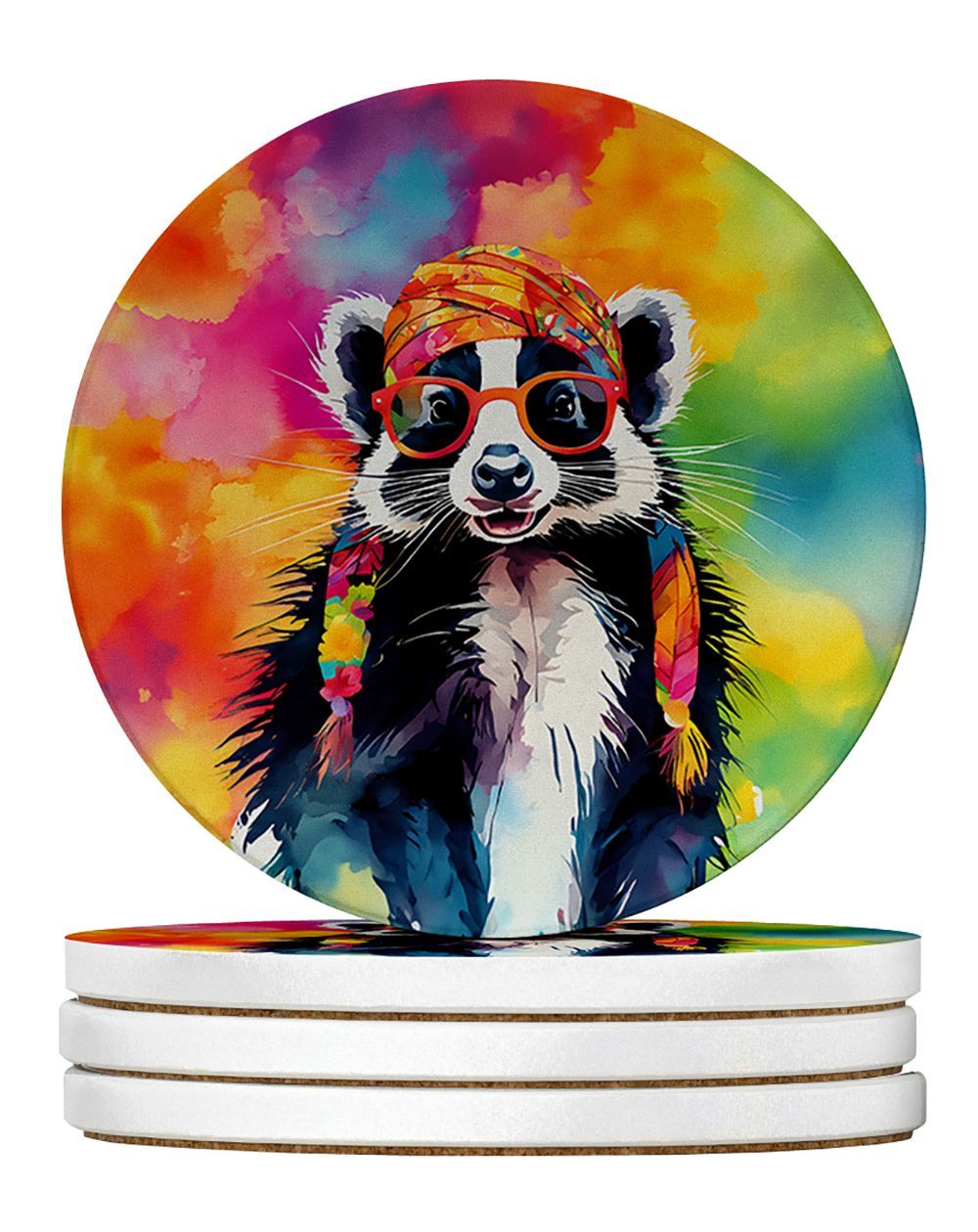Hippie Animal Skunk Large Sandstone Coasters Pack Of 4 Absorbent Round Coasters Decor Gifts For Men Or Women, 4 In, Multicolor_maomaolike.com