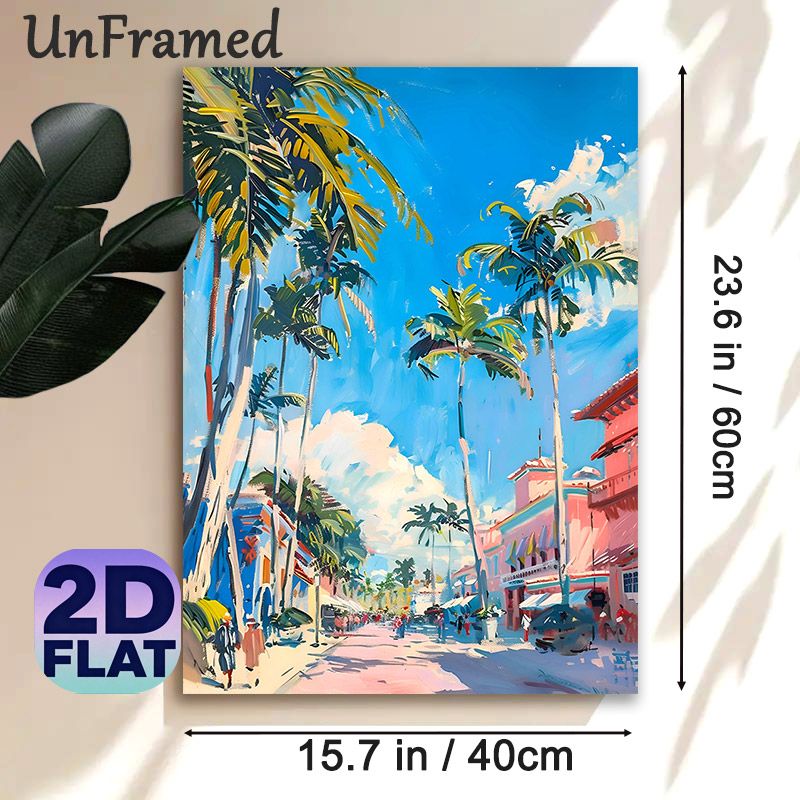 Tropical Coastal Town Street Painting Poster, Vibrant Impressionist-style Poster, Lively Palm-lined Street With Pastel Buildings, Adds A Warm Breezy_maomaolike.com