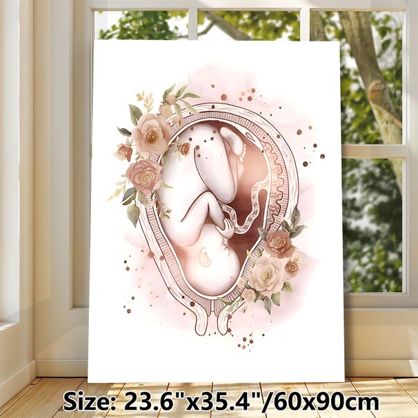 Fetus & Floral Themed Painting Poster, Soft Watercolor Style Delicate Fetus-in-Womb With Muted Roses Poster, Warm Gentle Artwork Ideal For Bedroom_maomaolike.com