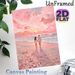 Couple Beach Sunset Painting Poster, Soft-hued Impressionist Poster, Romantic Scene Of Couple Walking On Shell-covered Pink Beach At Sunset, Ideal For_maomaolike.com