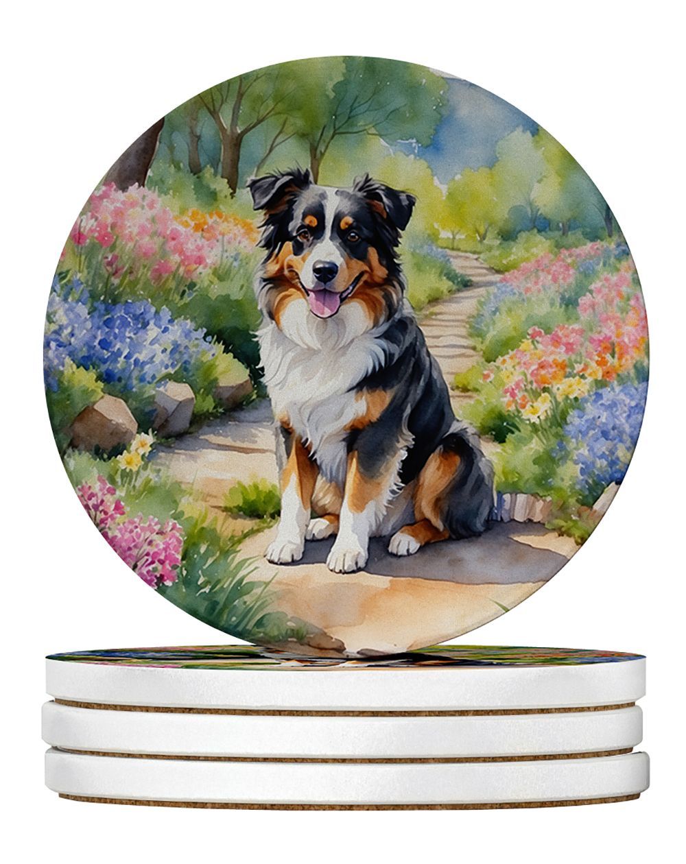 Australian Shepherd Spring Garden Large Sandstone Coasters Pack Of 4 Absorbent Round Coasters Decor Gifts For Men Or Women, 4 In, Multicolor_maomaolike.com