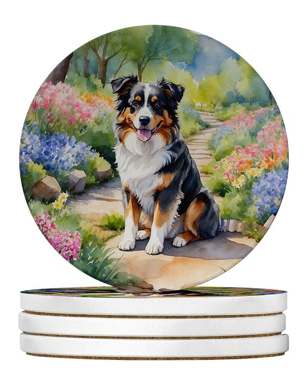 Australian Shepherd Spring Garden Large Sandstone Coasters Pack Of 4 Absorbent Round Coasters Decor Gifts For Men Or Women, 4 In, Multicolor_maomaolike.com