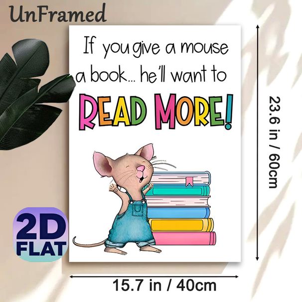 Reading Mouse Themed Painting Poster, Colorful Cartoon Style Mouse & Stacked Books Poster, Inspirational Reading Quote To Foster Reading Interest_maomaolike.com