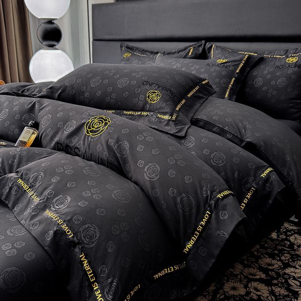 Black Washed Cotton Four-Piece Set Brushed Light Luxury High-End Feel Duvet Cover Naked Sleep Bed Sheet Summer_maomaolike.com