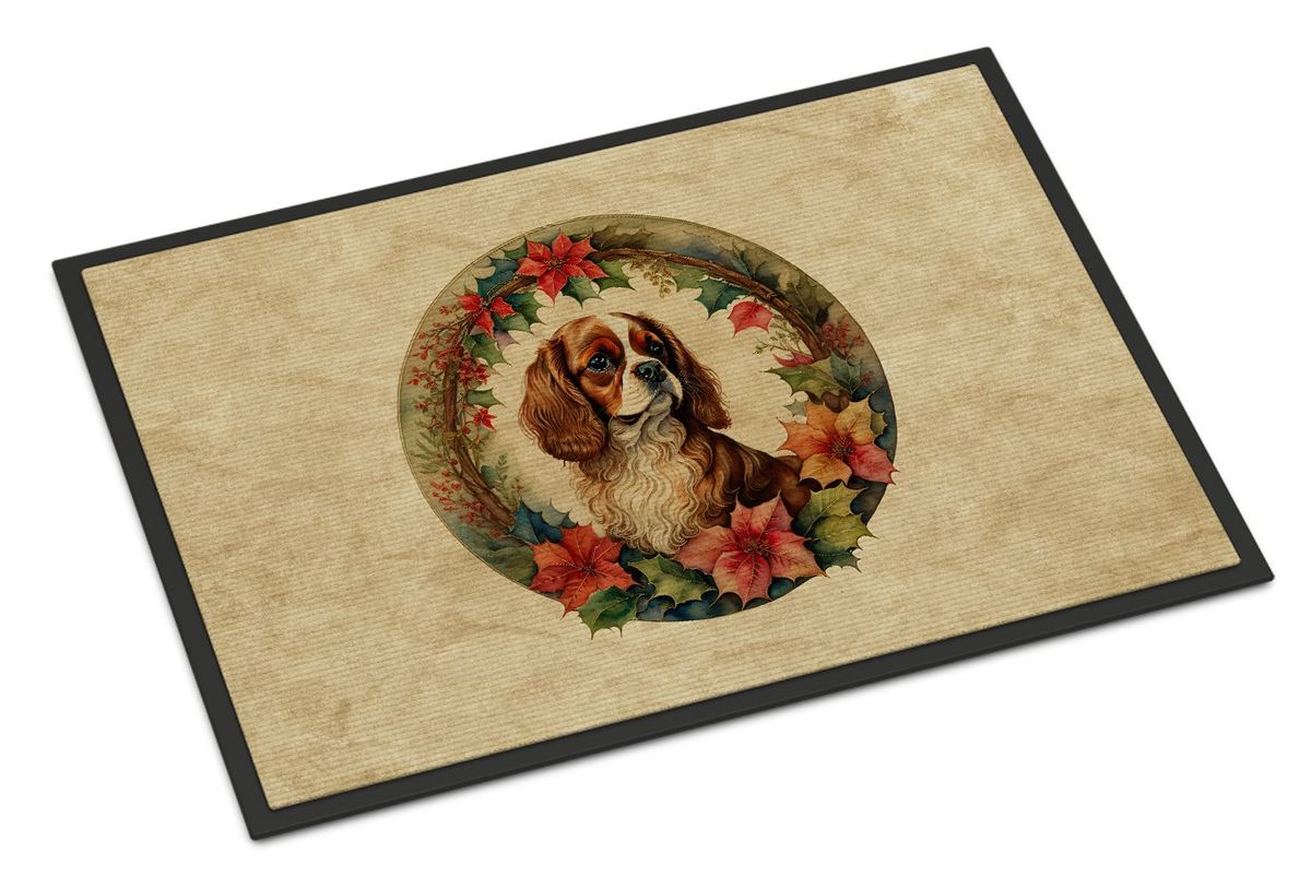 Cavalier Spaniel Christmas Flowers Doormat Front Door Mat Indoor Outdoor Rugs For Entryway, Non Slip Washable Low Pile, 24H X 36W_maomaolike.com