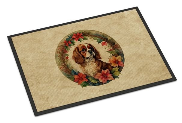 Cavalier Spaniel Christmas Flowers Doormat Front Door Mat Indoor Outdoor Rugs For Entryway, Non Slip Washable Low Pile, 24H X 36W_maomaolike.com