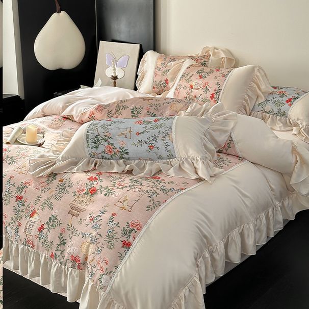 1 French Style Girly Summer Tencel Four-Piece Set 2024 New Silky Naked Sleep Ice Silk Bedding Bed Sheet Quilt_maomaolike.com