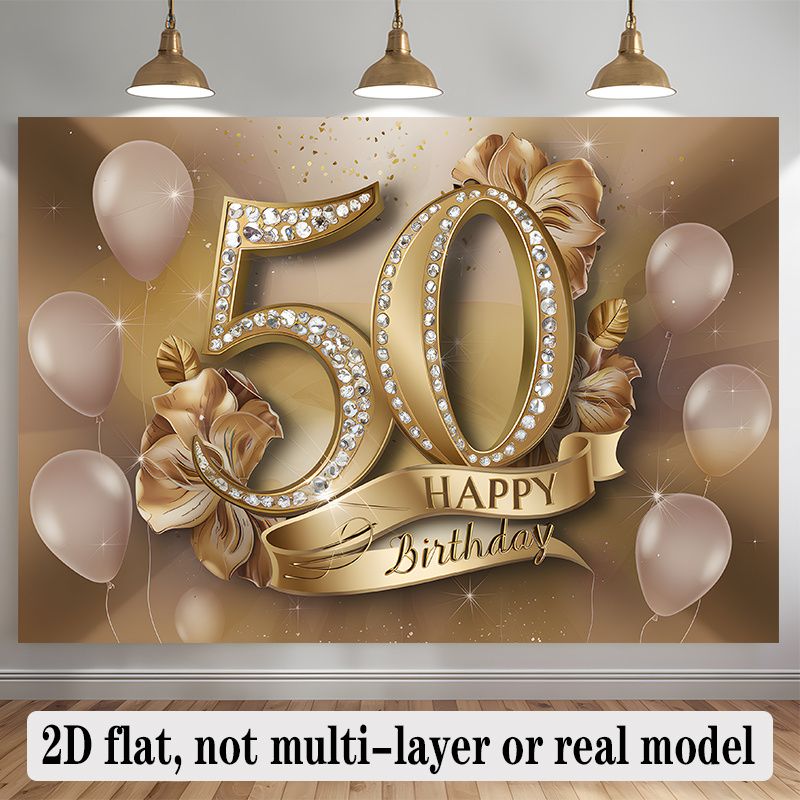 50th Birthday Banner Number 50 - 2D Flat Polyester Wall Hanging With Balloons, Party Background, Birthday Party Supplies_maomaolike.com