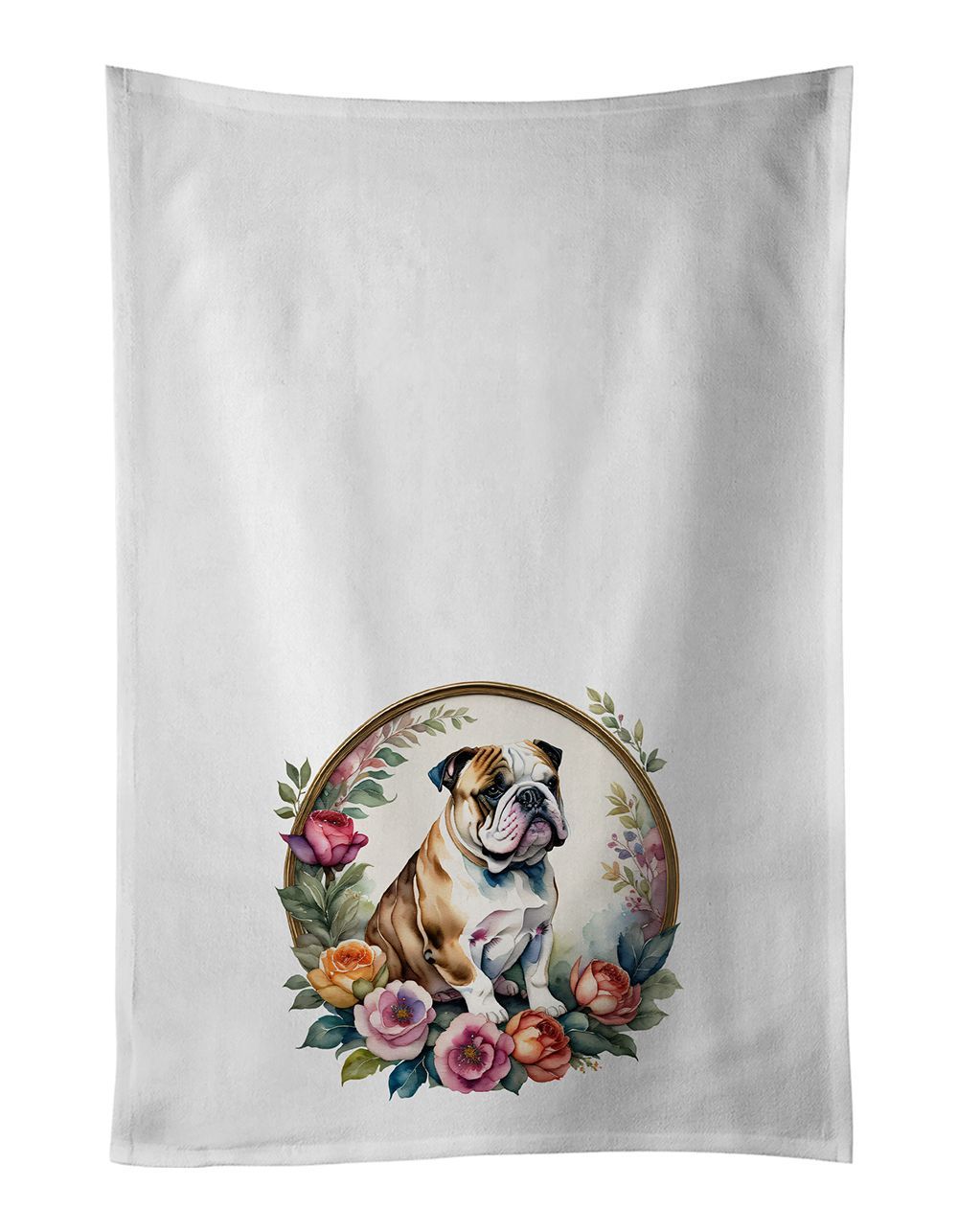 English Bulldog And Flowers Kitchen Towel Set Of 2 White Dish Towels Decorative Bathroom Hand Towel For Hand, Face, Hair, Yoga, Tea, Dishcloth, 19 X 28", White_maomaolike.com