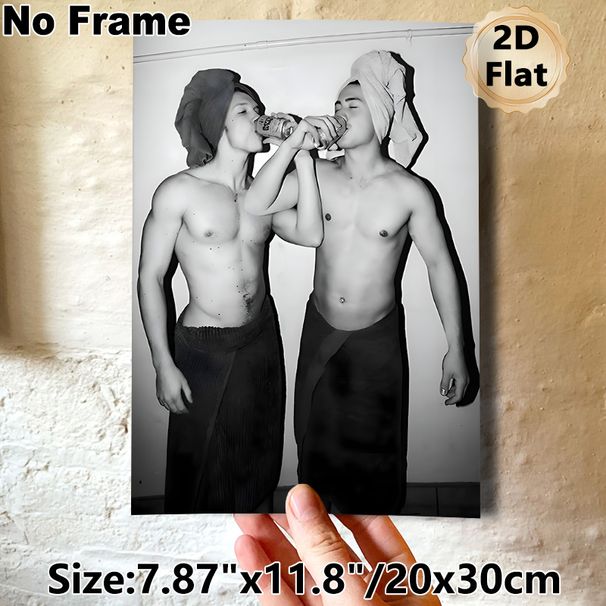 Casual Male Lifestyle Painting Poster, Monochrome Relaxed Men With Towels Drinking Cans Poster, Stylish Laid-back Decor For Bedroom, Living Room_maomaolike.com