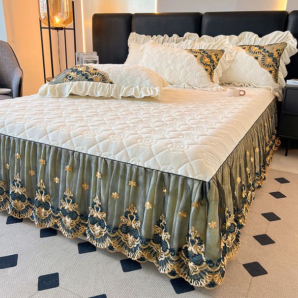 European Style Solid Color Quilted Lace Milk Bedspread Skirt Non-Slip Mattress Baby Velvet Bed Dust Cover_maomaolike.com