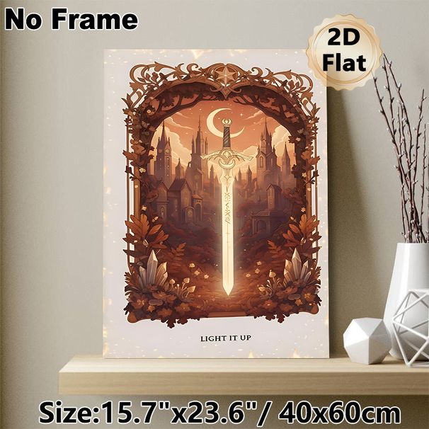 Magic Sword & Vintage Castle Painting Poster, Warm-toned Whimsical Fantasy Scene Poster, Enchanting Mystical Decor For Bedroom, Study And_maomaolike.com