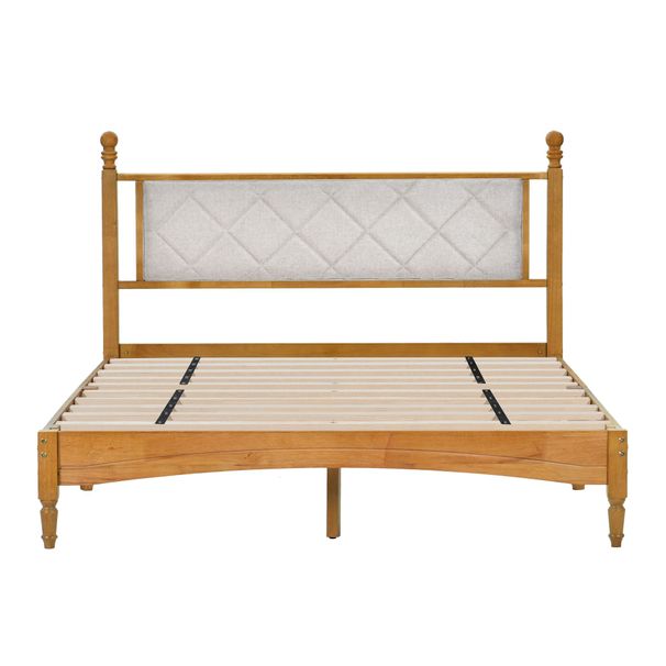 Queen Wood Bed Frame With Fabric Upholstered Headboard, Solid Rubber Wood Foundation With Wood Central Supports, 1000 Lb Capacity, Easy Assembly, No Box Spring Needed, Rustic Oak_maomaolike.com