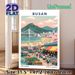 Busan Themed Painting Poster, Vibrant Retro Style Poster, Features Lively Harbor Market, Beach, Bridge & Cherry Blossom Scene, Ideal For Home, Living_maomaolike.com
