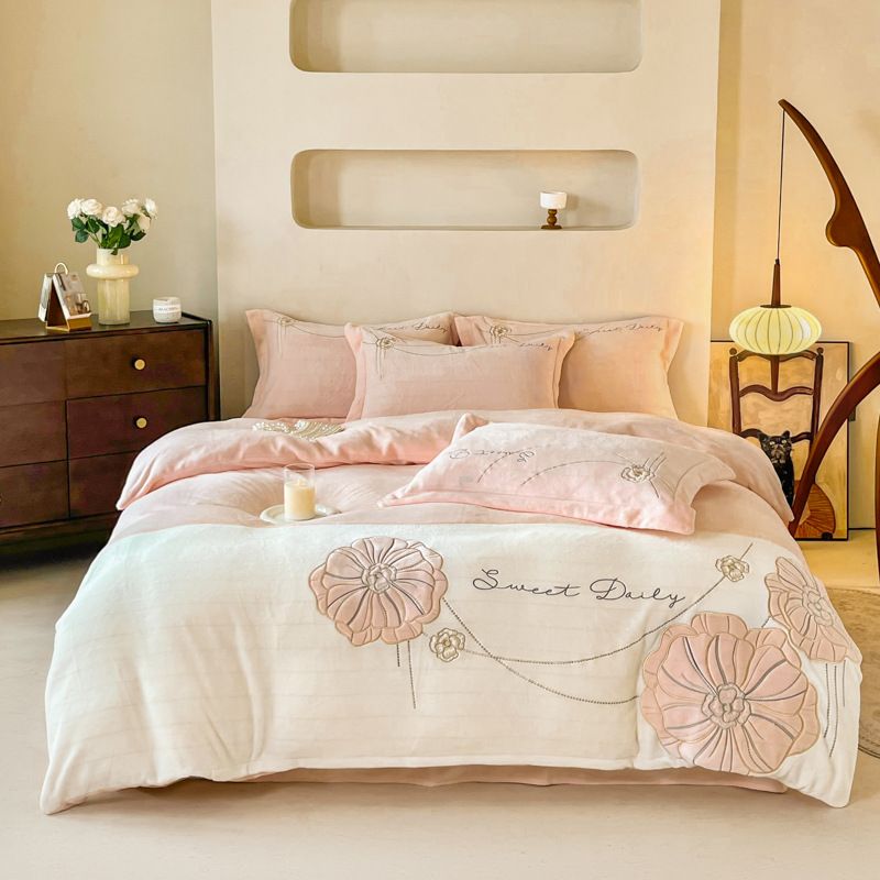 Winter Thickened Milk Four-Piece Set, Mother And Baby Grade Embroidered Coral Fleece Duvet Cover, Warm Double-Sided Velvet Bed She_maomaolike.com