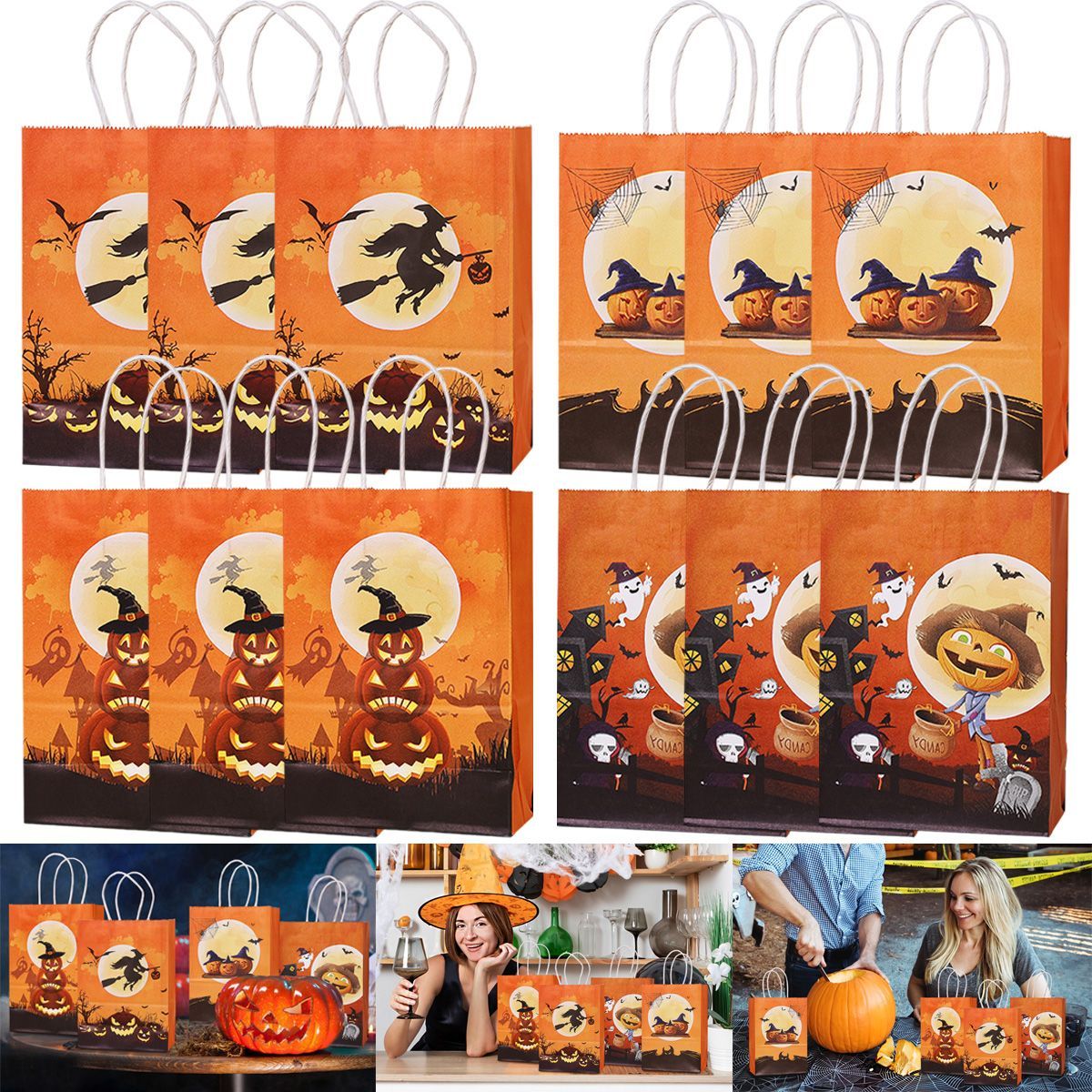 12Pcs Gift Bags With Handle 4 Designs Paper Bags Candy Goodies Cookie Bags Snacks Gift Wrapping Bag For Holiday Party Favor Supplies_maomaolike.com