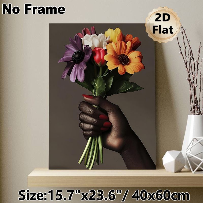 Hand Holding Colorful Flower Bouquet Painting Poster, Vibrant Realistic Floral Art Poster, Elegant Decorative Artwork Ideal For Living Room, Bedroom_maomaolike.com