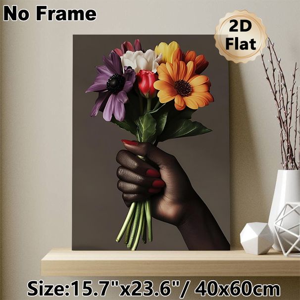 Hand Holding Colorful Flower Bouquet Painting Poster, Vibrant Realistic Floral Art Poster, Elegant Decorative Artwork Ideal For Living Room, Bedroom_maomaolike.com