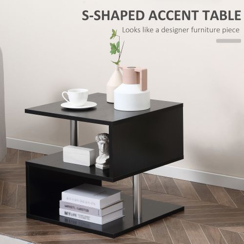 20" Modern End Table, Accent Side Table, S-Shaped Coffee Table With Storage Shelf And Steel Poles, Black_maomaolike.com