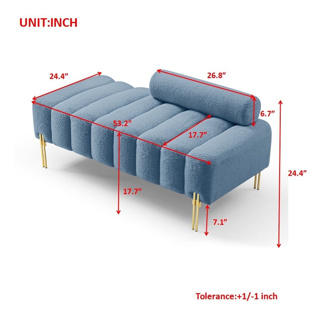 53.2"Width Modern End Of Bed Bench Sherpa Fabric Upholstered 2 Seater Sofa Couch Entryway Ottoman Bench Fuzzy Sofa Stool Footrest Window Bench With Gold Metal Legs For Bedroom Living Room,Blue_maomaolike.com