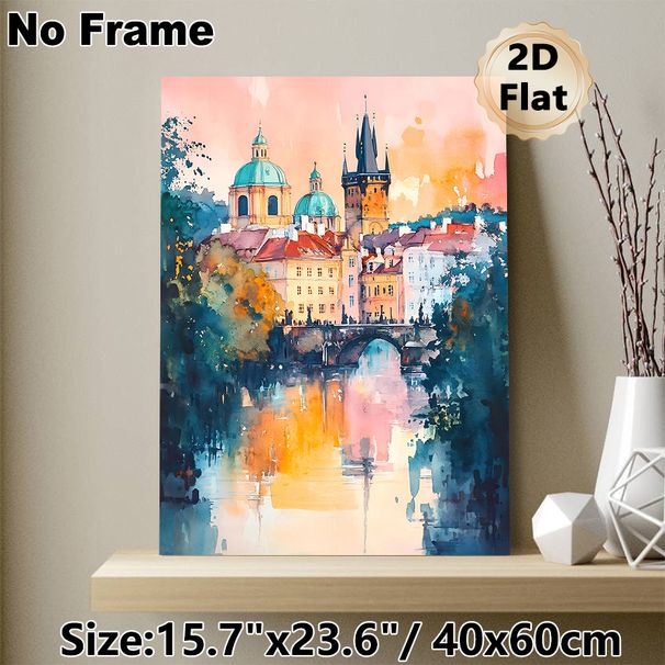 Prague Cityscape Painting Poster, Soft-hued Watercolor Style Poster, Dreamy Riverside Scene With Historic Domed Buildings And Bridge, Adds Artistic_maomaolike.com