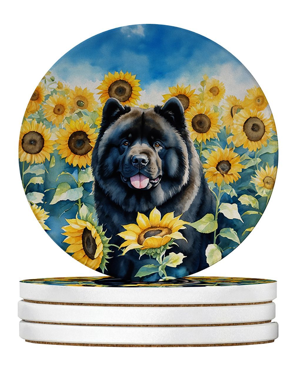 Chow Chow In Sunflowers Large Sandstone Coasters Pack Of 4 Absorbent Round Coasters Decor Gifts For Men Or Women, 4 In, Multicolor_maomaolike.com