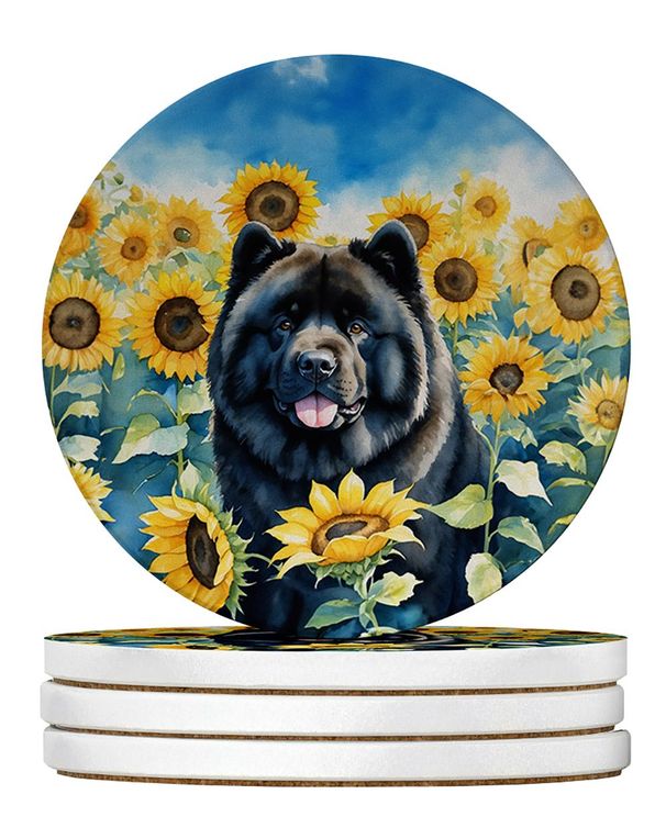 Chow Chow In Sunflowers Large Sandstone Coasters Pack Of 4 Absorbent Round Coasters Decor Gifts For Men Or Women, 4 In, Multicolor_maomaolike.com