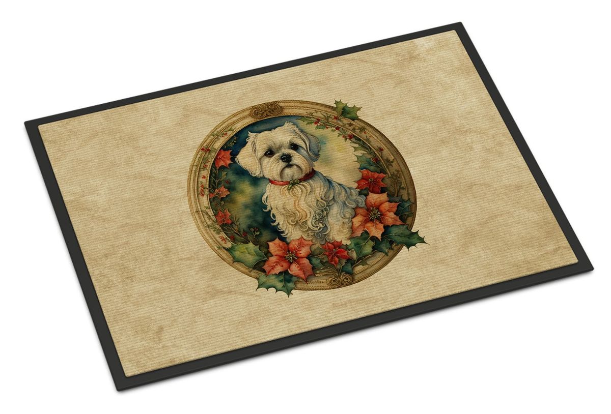 Maltese Christmas Flowers Doormat Front Door Mat Indoor Outdoor Rugs For Entryway, Non Slip Washable Low Pile, 24H X 36W_maomaolike.com