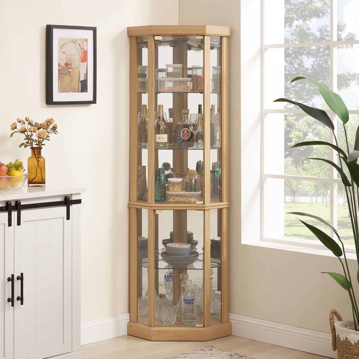 Corner Lighted Curio Cabinet Corner Glass Cabinet Lighted Curio Cabinet Corner Display Case For Living Room, Curio Cabinet, Antique Collection, Wine,Bar Glass Storage Light Included,Dark Cherry_maomaolike.com