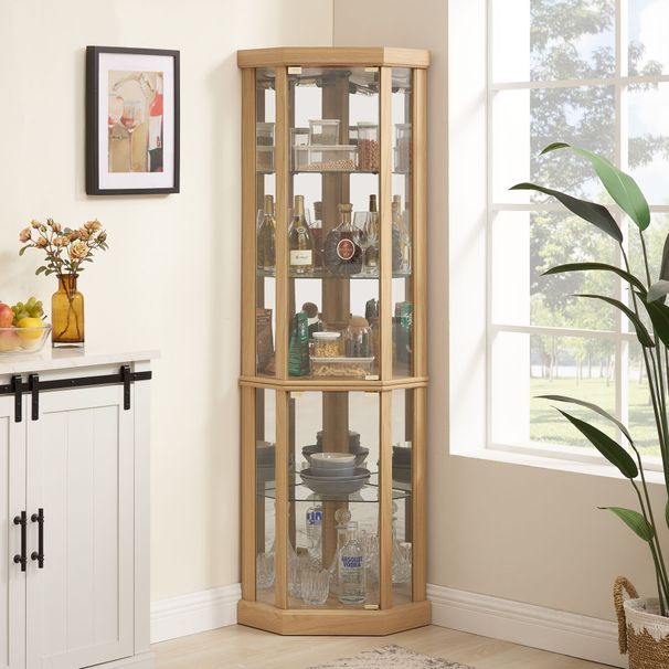 Corner Lighted Curio Cabinet Corner Glass Cabinet Lighted Curio Cabinet Corner Display Case For Living Room, Curio Cabinet, Antique Collection, Wine,Bar Glass Storage Light Included,Dark Cherry_maomaolike.com