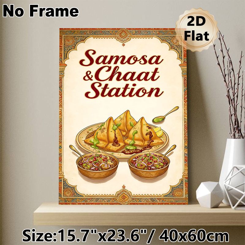 Samosa & Chaat Themed Painting Poster, Vintage Ethnic Style Richly Colored Indian Cuisine Poster, Eye-catching Food Art Ideal For Restaurant And_maomaolike.com