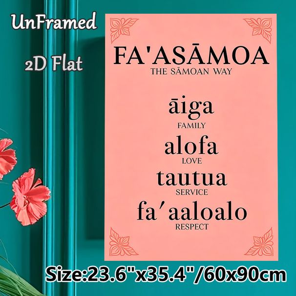 Samoan Cultural Values Painting Poster, Soft Pink Minimalist Typographic Art With Floral Corner Accents Poster, Features Meaningful Cultural Concepts_maomaolike.com