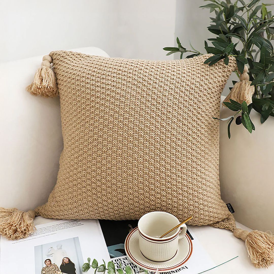 SOGA 2X 50CM Light Brown Pillow With Tassel Accents, Rizzy Transitional Cover Throw Pillow_maomaolike.com
