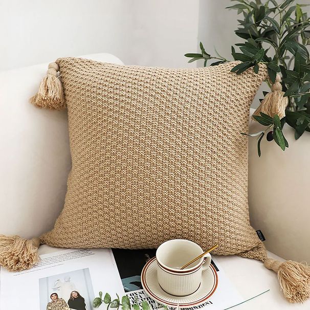 SOGA 2X 50CM Light Brown Pillow With Tassel Accents, Rizzy Transitional Cover Throw Pillow_maomaolike.com