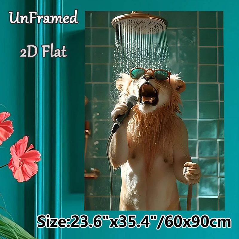 Shower-singing Lion Painting Poster, Whimsical Anthropomorphic Lion Poster, Funny Design Of Lion With Sunglasses Singing Under Shower, Brings Playful_maomaolike.com