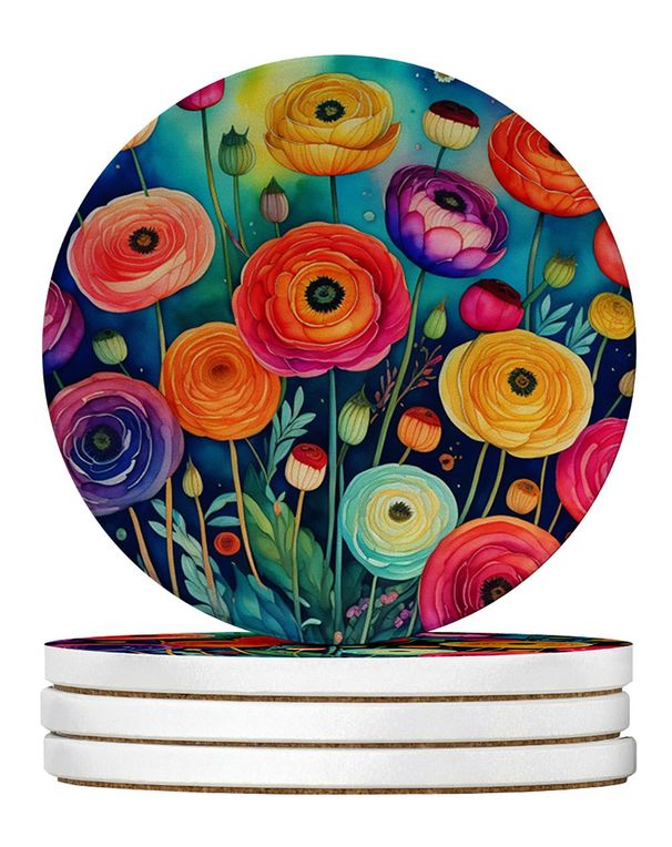 Colorful Ranunculus Large Sandstone Coasters Pack Of 4 Absorbent Round Coasters Decor Gifts For Men Or Women, 4 In, Multicolor_maomaolike.com