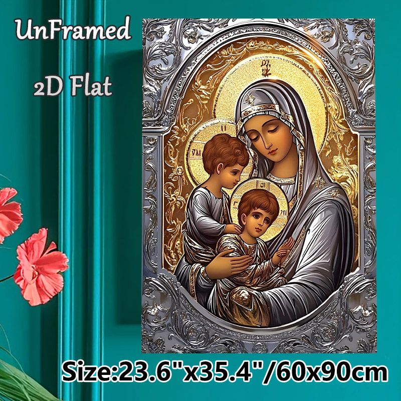 Virgin Mary With Children Religious Painting Poster, Exquisite Orthodox-style Sacred Figure Poster, Gilded Halo & Ornate Detailed Design, Ideal For_maomaolike.com