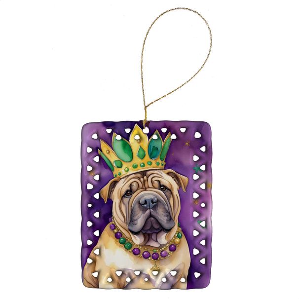Shar Pei King Of Mardi Gras Porcelain Ornament Christmas Tree Hanging Decorations For Home Christmas Holiday, Rectangle, Gift, Multicolor_maomaolike.com