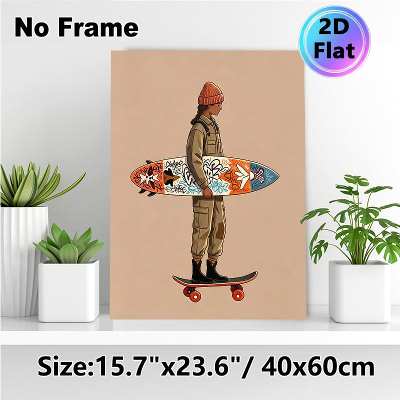 Skateboarding & Surfing Themed Painting Poster, Vibrant Cartoon Style Poster, Trendy Urban Design With Figure Holding Graffiti Surfboard On_maomaolike.com