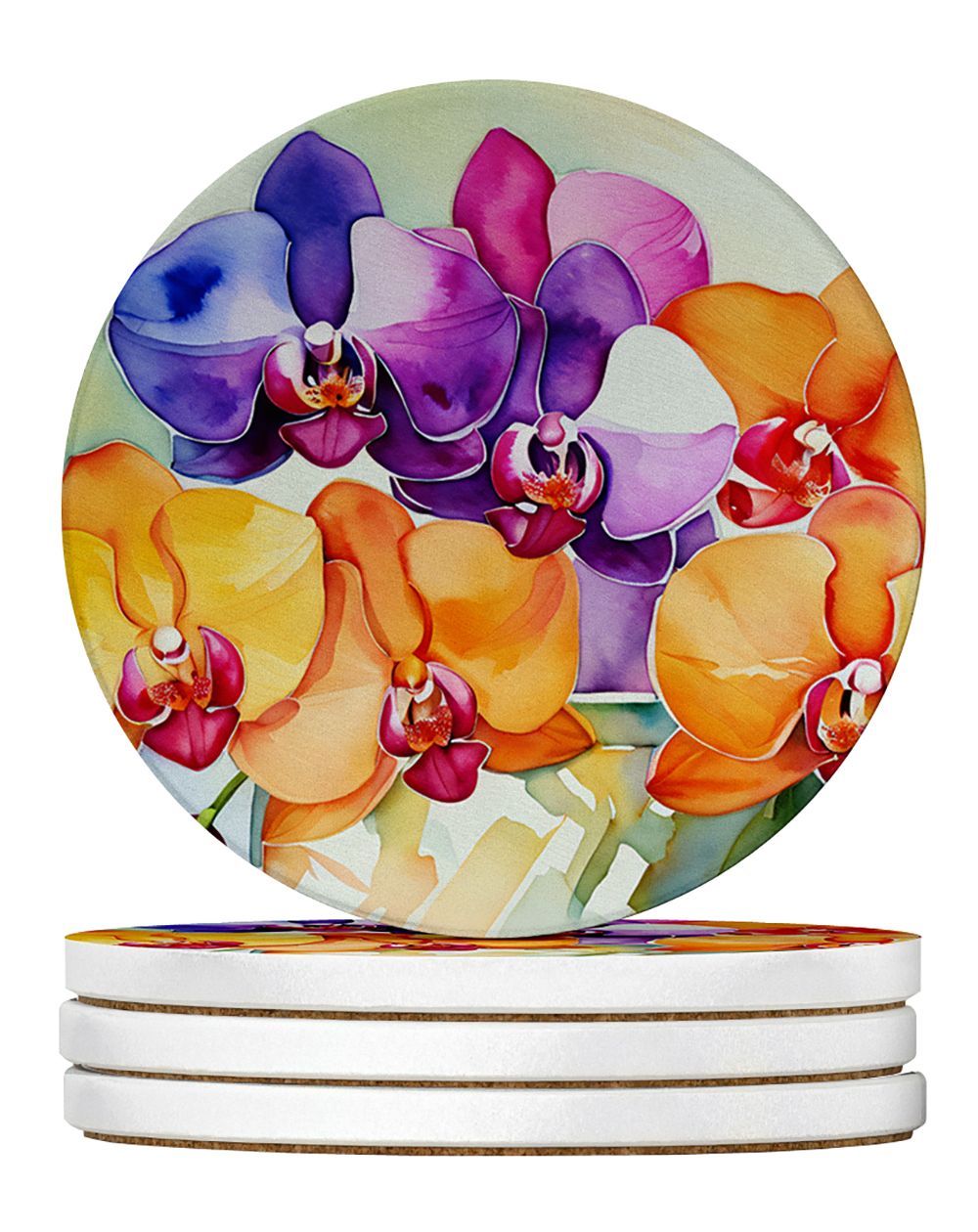 Orchids In Watercolor Large Sandstone Coasters Pack Of 4 Absorbent Round Coasters Decor Gifts For Men Or Women, 4 In, Multicolor_maomaolike.com