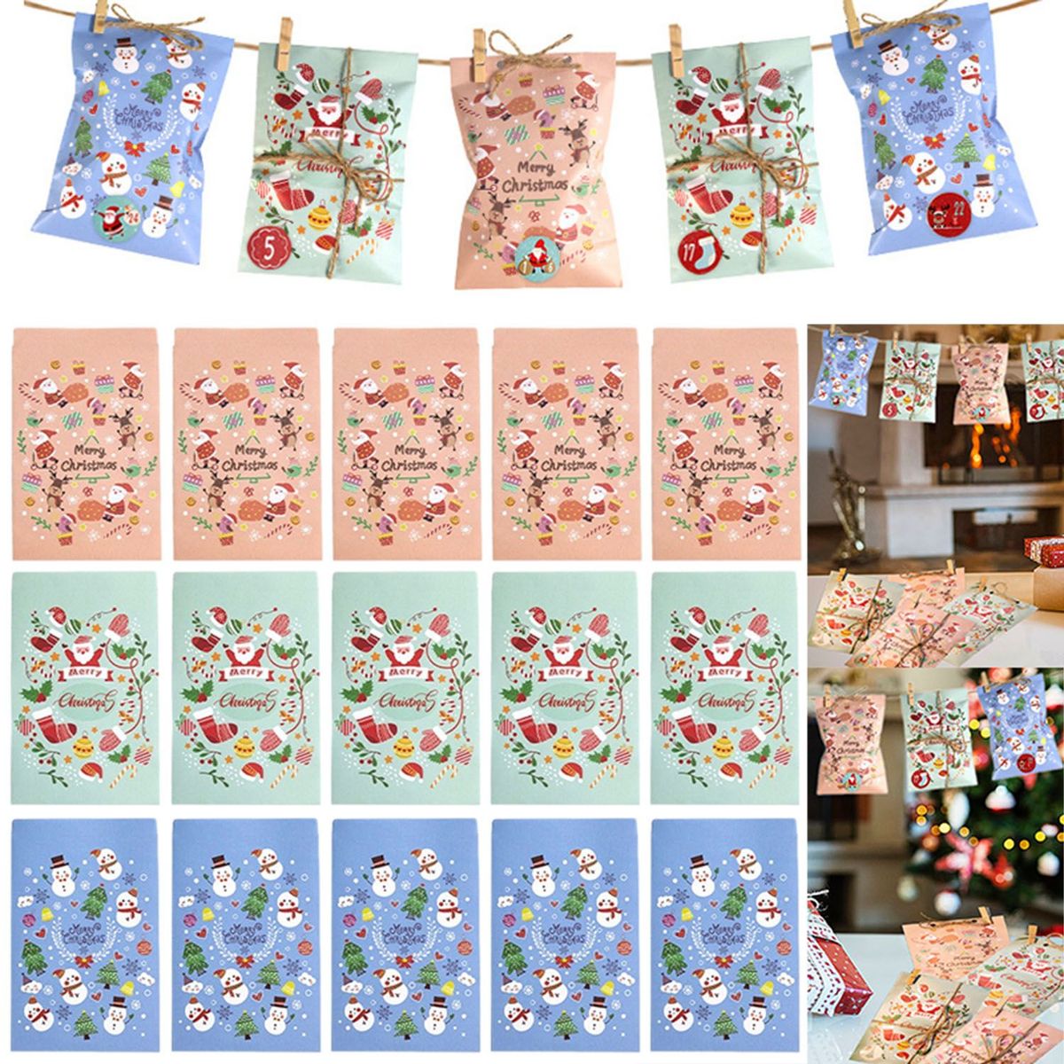 24Pcs Christmas Advent Calendar Bags Kit Envelope Shape Gift Bags With 1 To 24 Countdown Number Stickers Santa Claus Snowman Pattern Goodie Candy Treat Bag With Clips And Rope For Xmas Tree Decoration_maomaolike.com