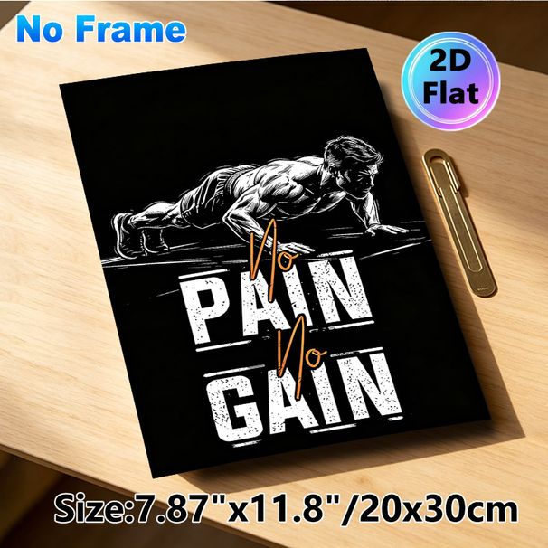 "No Pain No Gain" Fitness Painting Poster, Bold Monochrome Sketch Style Poster With Muscular Push-up Figure, Motivational Workout Decor Ideal For Gym_maomaolike.com