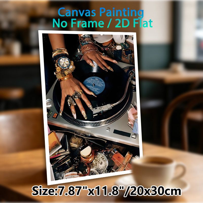 DJ Turntable & Glamorous Jeweled Hands Painting Poster, Luxurious Retro Style Poster, Stylish Vinyl Player & Ornate Hands Design, Adds Artistic Flair_maomaolike.com