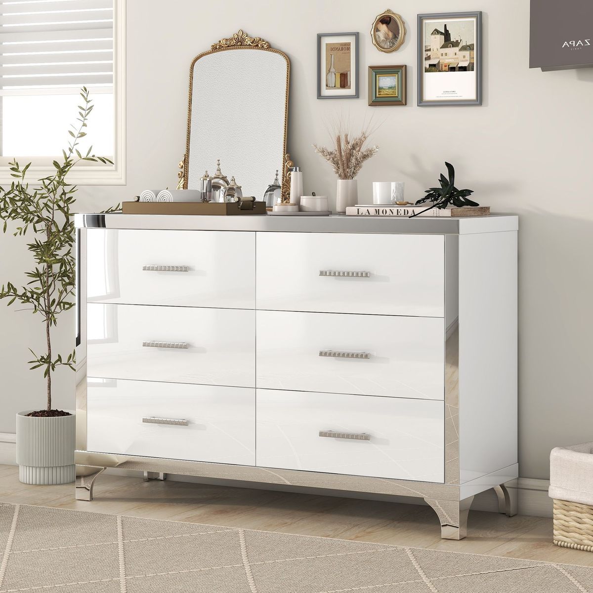 Elegant High Gloss Dresser With Metal Handle,Mirrored Storage Cabinet With 6 Drawers For Bedroom,Living Room_maomaolike.com