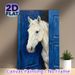 White Horse Painting Poster, Textured Impasto Style Poster, Artistic Rustic Design Featuring White Horse Peeking From Blue Door, Ideal For Living_maomaolike.com