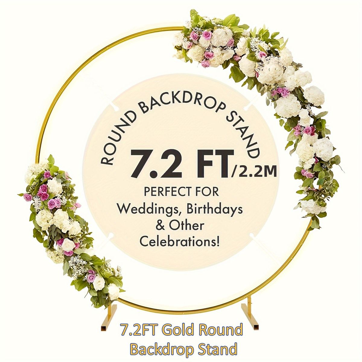 7.2ft Round Backdrop Stand, Stable Balloon Arch Stand, Metal Wedding Arch Backdrop Stand Circle Backdrop Stand Frame For Wedding, Birthday Party, Shower Decoration (Gold)_maomaolike.com