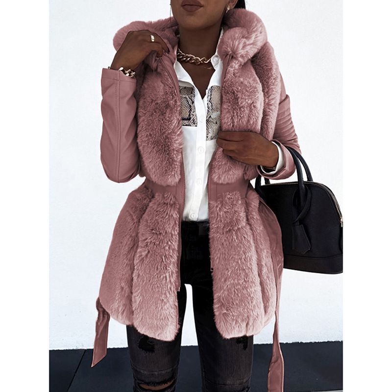 Women's fur coat Women's belted hooded solid color zipper jacket_maomaolike.com