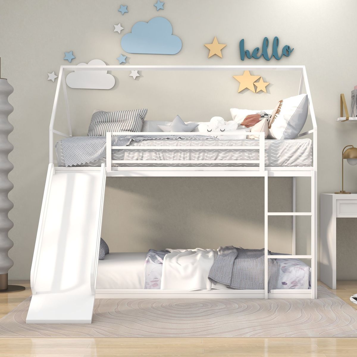 Twin Over Twin House Bed With Ladder And Slider, House Bed, Bunk Bed_maomaolike.com