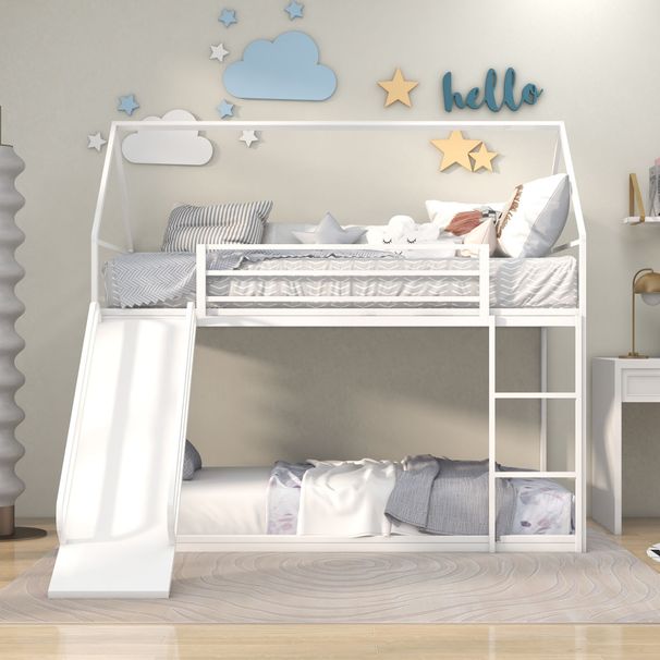 Twin Over Twin House Bed With Ladder And Slider, House Bed, Bunk Bed_maomaolike.com